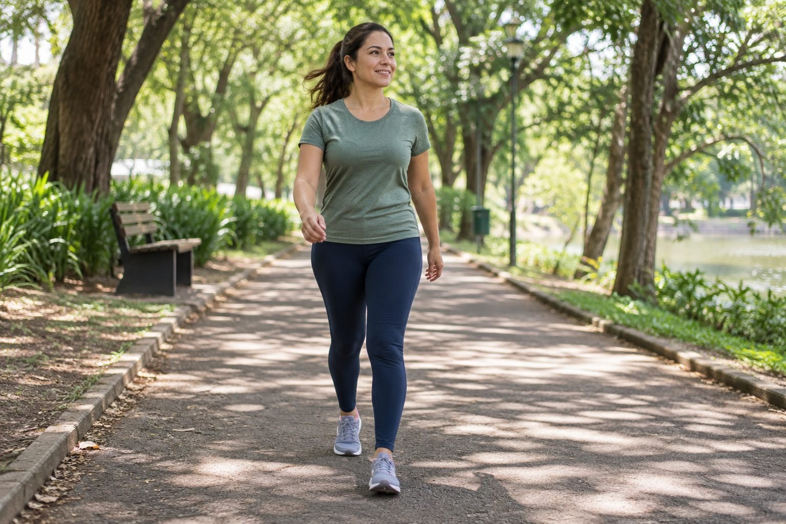 Mulher caminhando em um parque arborizado.