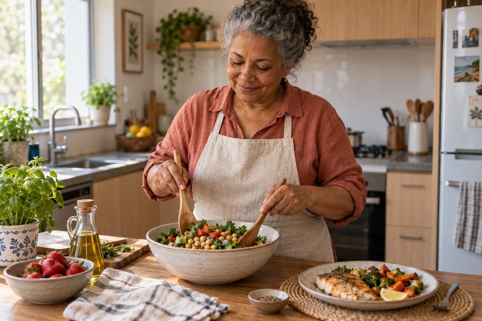 Mulher mais velha preparando salada de grão-de-bico e verduras em uma cozinha iluminada, com peixe e frutas sobre a bancada.