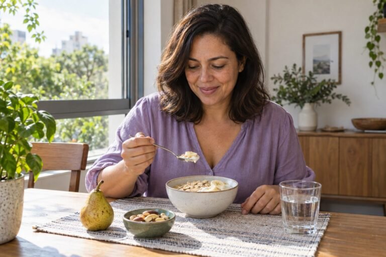 Mulher tomando café da manhã com iogurte, aveia e banana, ao lado de castanhas, uma pera e um copo de água.