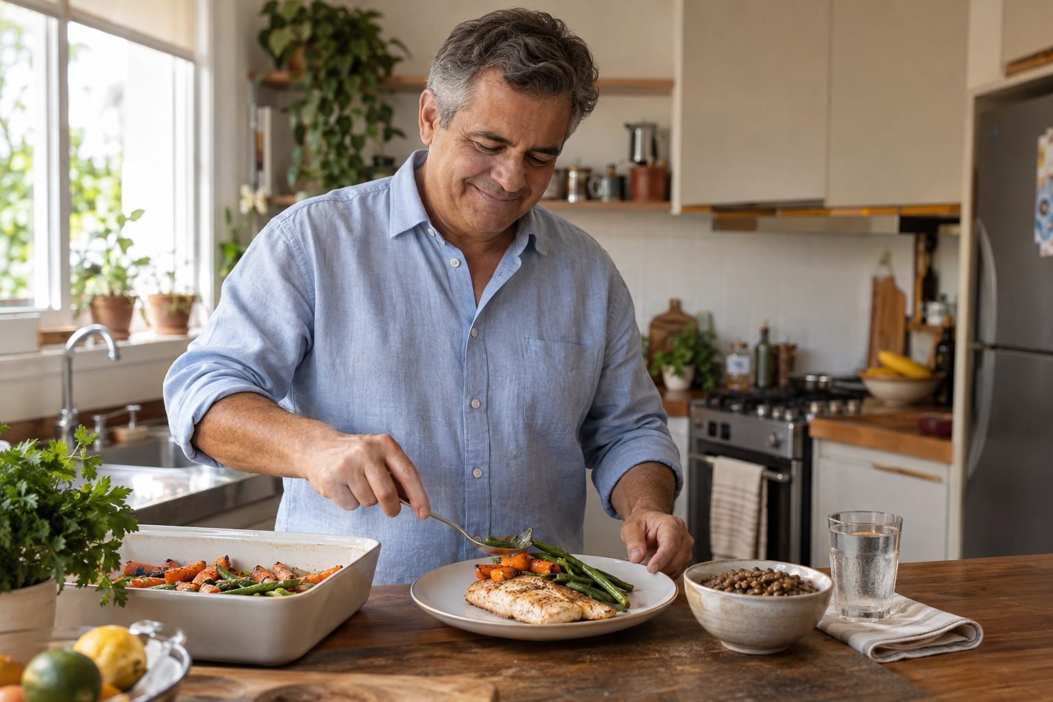 Homem preparando uma refeição caseira com peixe, legumes e lentilhas em uma cozinha iluminada.