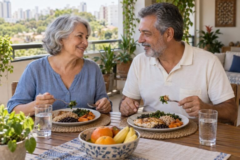 Casal mais velho sorrindo durante um almoço com peixe, arroz, feijão, verduras e frutas em uma varanda iluminada.