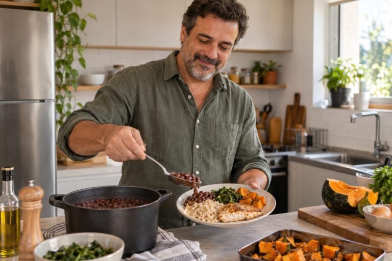 Homem servindo feijão em um prato com arroz, verduras, abóbora e peixe em uma cozinha iluminada.