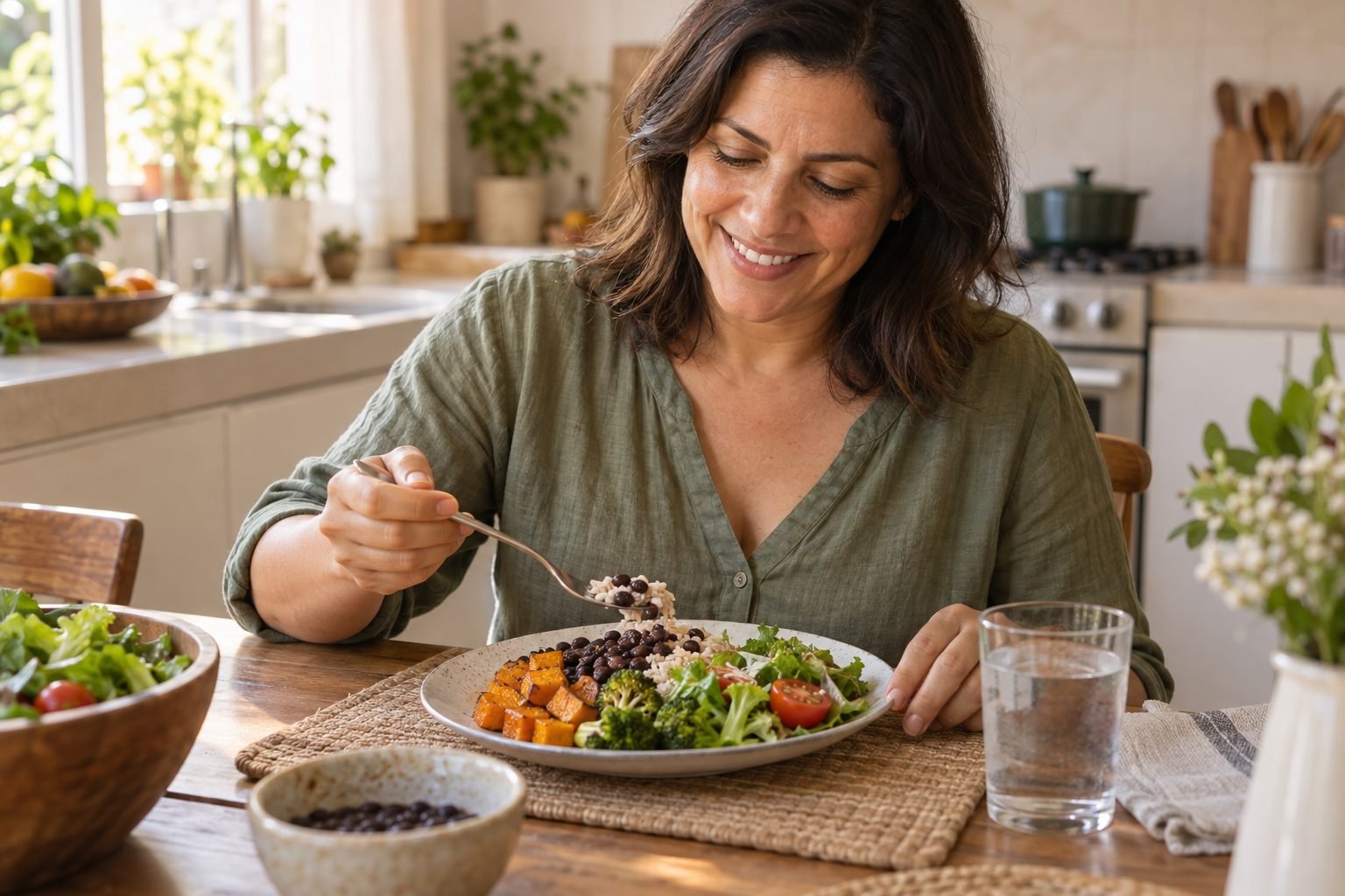 Mulher sorrindo à mesa com arroz, feijão, legumes e salada em uma cozinha iluminada.