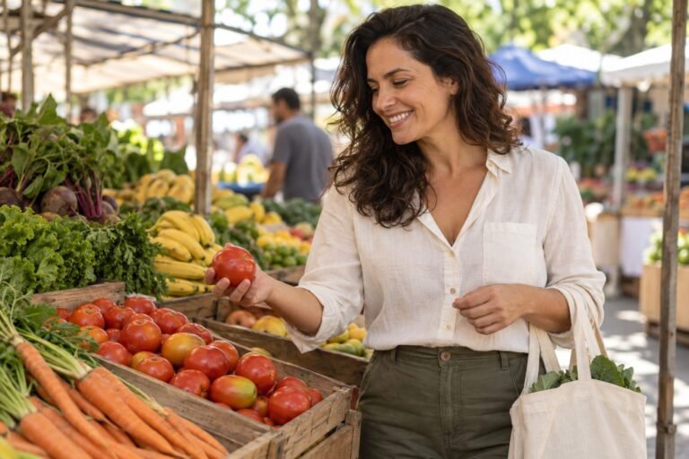 Mulher sorrindo ao escolher tomates em uma feira, com frutas, verduras e uma sacola reutilizável.