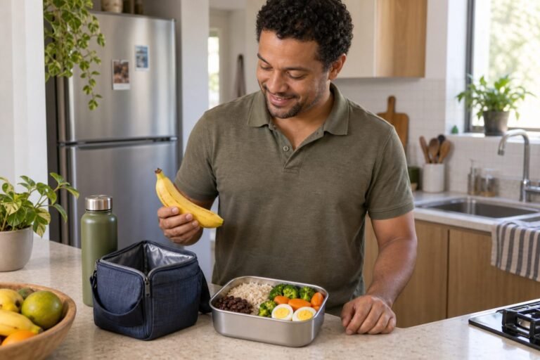 Homem preparando uma marmita com arroz, feijão, legumes e ovos, com uma banana e uma garrafa de água ao lado.