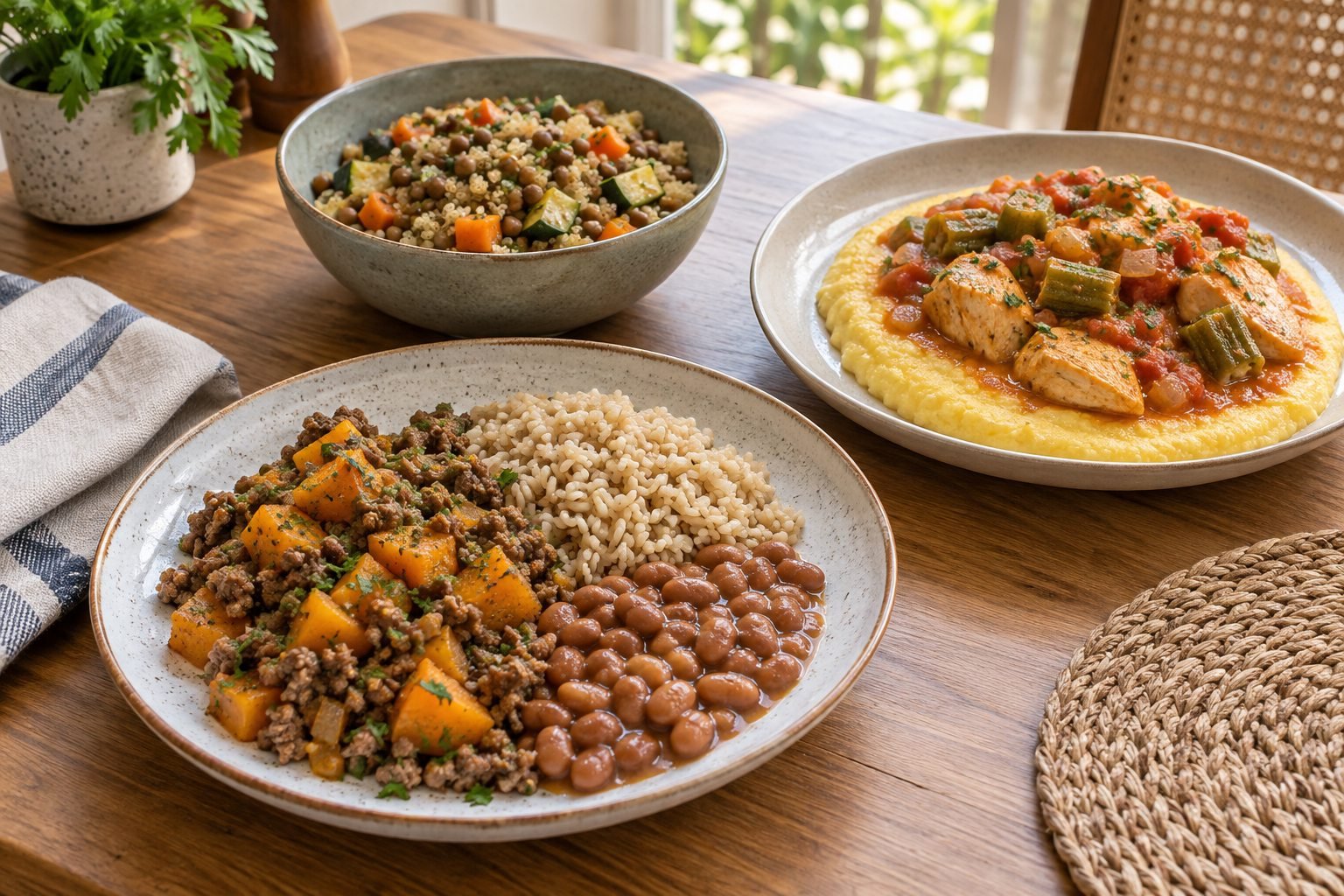 Carne moída com abóbora, arroz e feijão; quinoa com lentilha; frango com quiabo e polenta.
