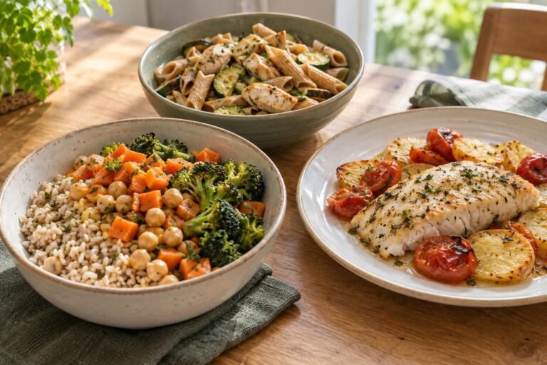 Arroz integral com grão-de-bico, peixe assado com batata e macarrão integral com frango.