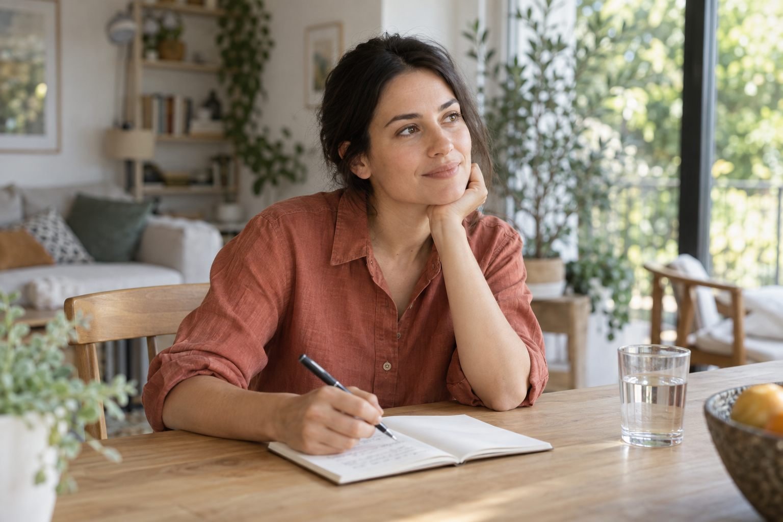 Mulher com expressão tranquila escrevendo em um caderno sobre uma mesa, em um ambiente doméstico iluminado.