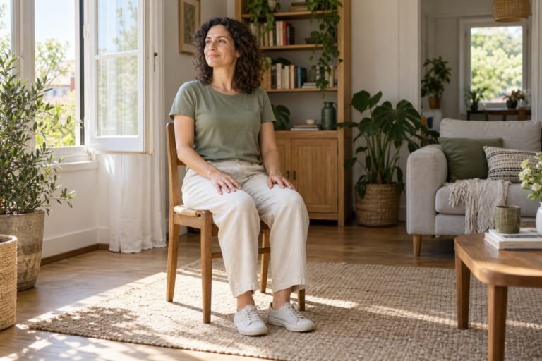 Mulher sentada confortavelmente, com os pés apoiados e as mãos sobre as coxas, perto de uma janela iluminada.