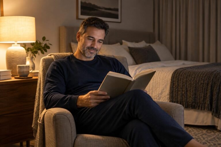 Homem lendo um livro em uma poltrona, com iluminação suave de abajur, durante uma rotina noturna tranquila.