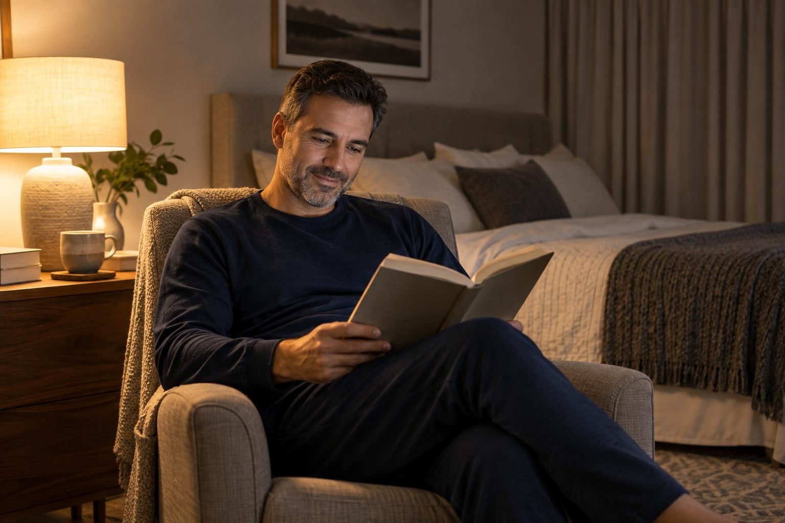 Homem lendo um livro em uma poltrona, com iluminação suave de abajur, durante uma rotina noturna tranquila.