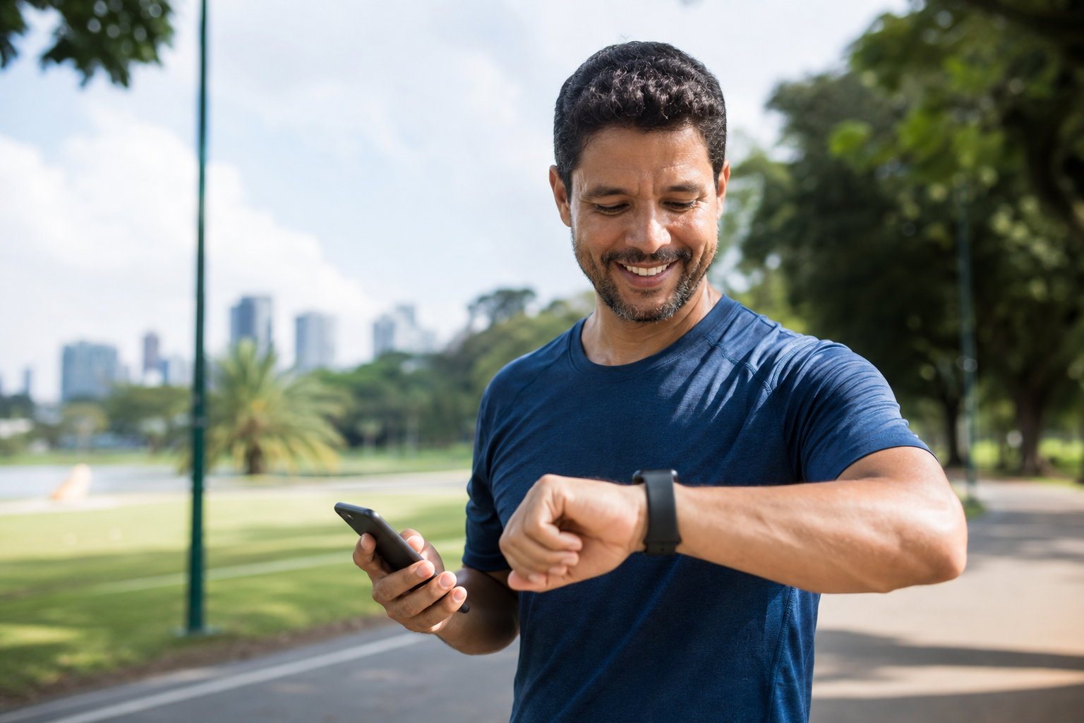 Homem conferindo relógio inteligente e celular depois de caminhar no parque.