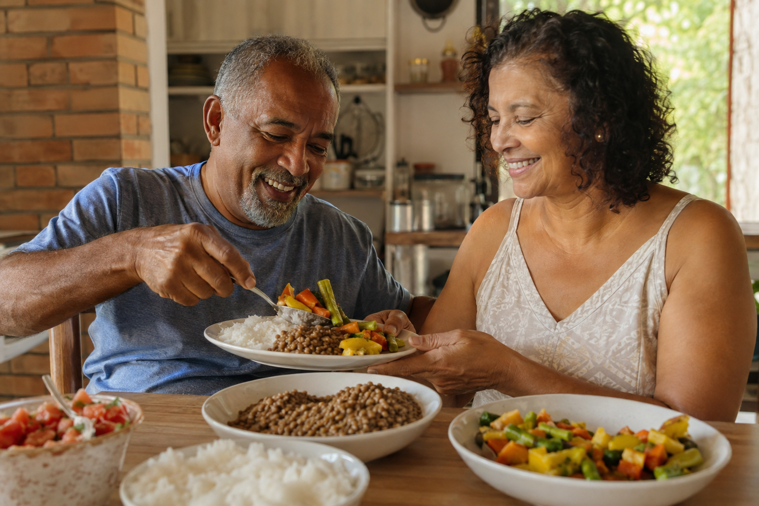 Casal servindo arroz com lentilha e legumes em casa