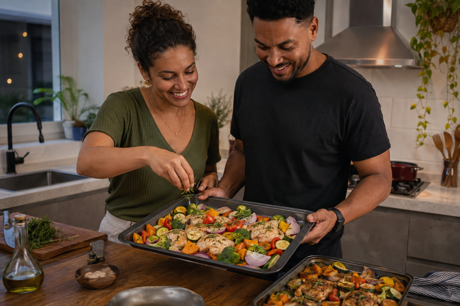 Casal feliz preparando uma assadeira com frango e legumes coloridos em uma cozinha de casa.