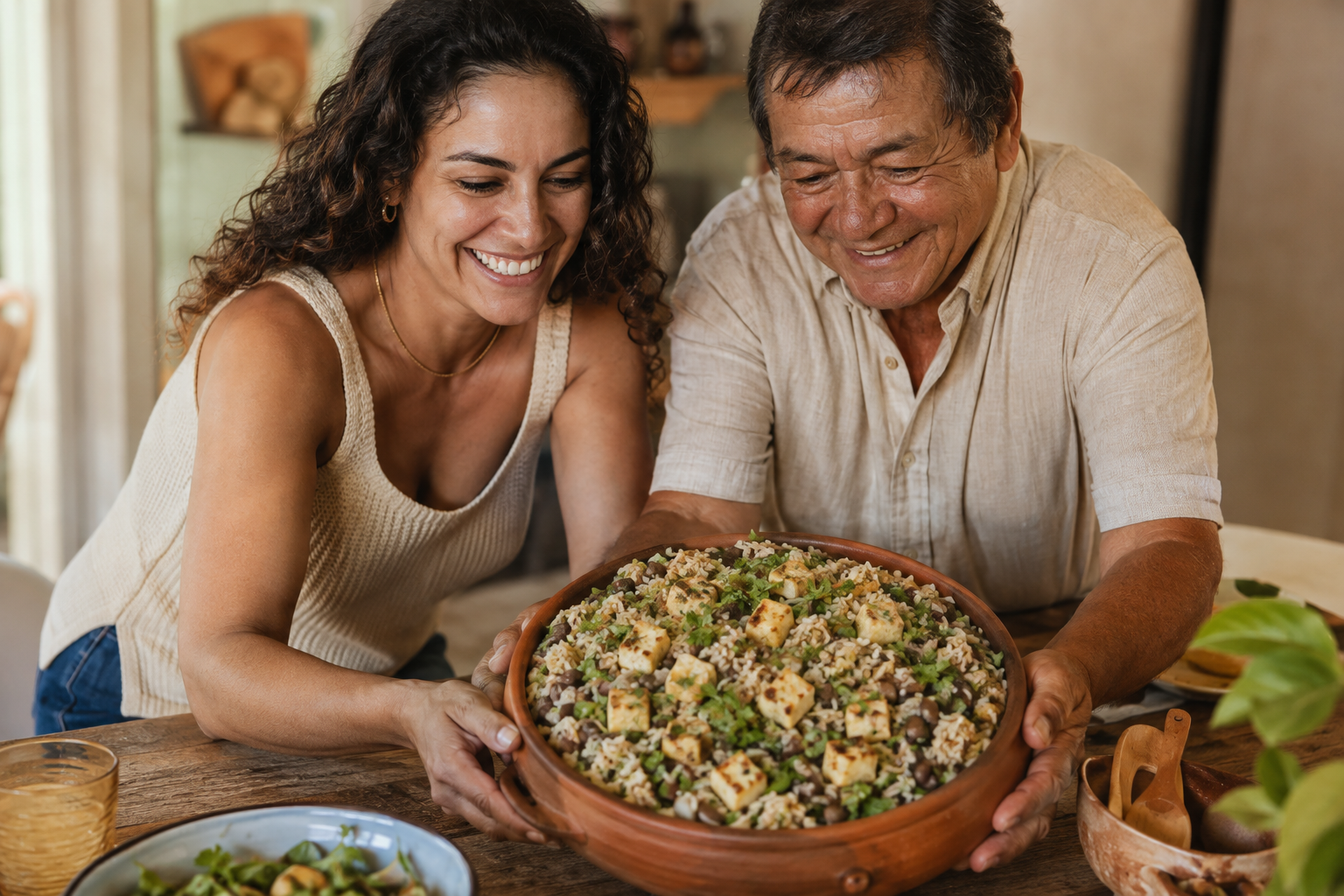 Família servindo baião de dois em uma mesa brasileira