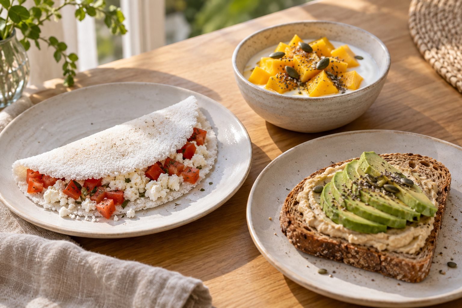 Tapioca com ricota e tomate, torrada com feijão-branco e abacate e iogurte com manga e sementes.