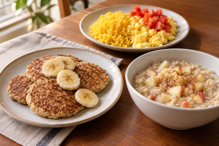 Panquecas de banana e aveia, cuscuz com ovos e mingau de maçã em uma mesa de café da manhã.