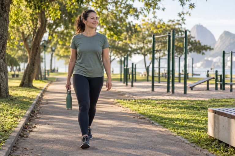 Mulher adulta caminhando tranquilamente em um parque, com área de exercícios ao fundo.