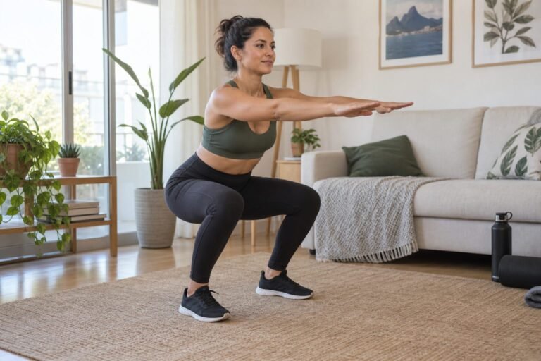 Mulher adulta praticando agachamento com o peso do corpo em um ambiente doméstico.