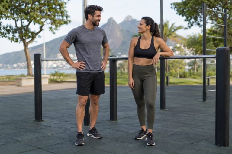 Casal adulto em uma área de calistenia ao ar livre, com barras fixas ao fundo.