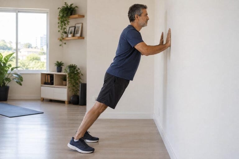 Homem adulto realizando uma flexão na parede em casa, com o corpo alinhado.