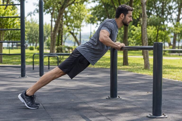 Homem adulto realizando flexão inclinada em barra fixa de um parque de exercícios.