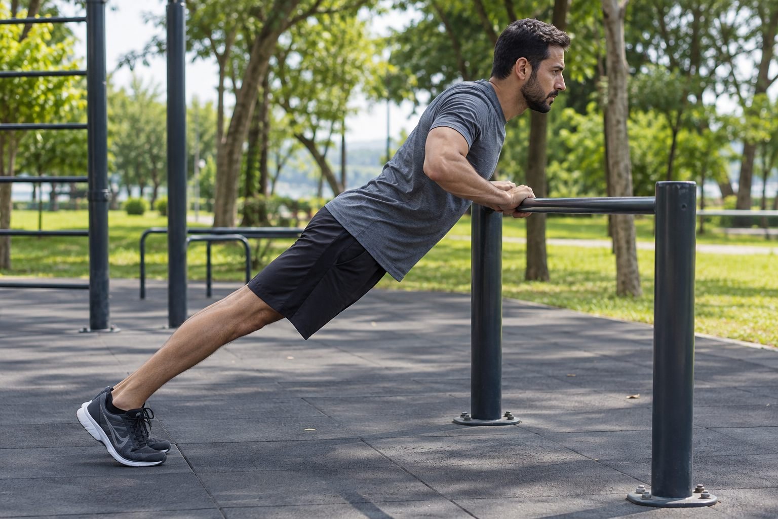 Homem adulto realizando flexão inclinada em barra fixa de um parque de exercícios.