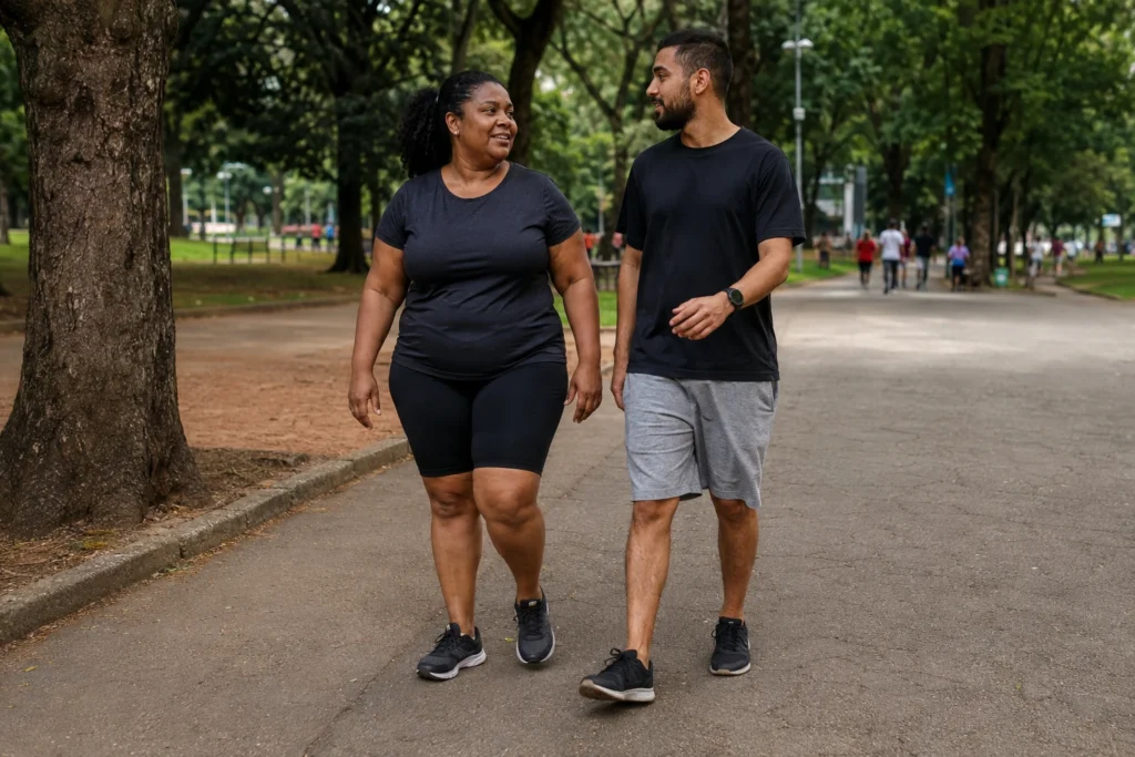 Duas pessoas adultas caminhando em ritmo confortável em um parque urbano.