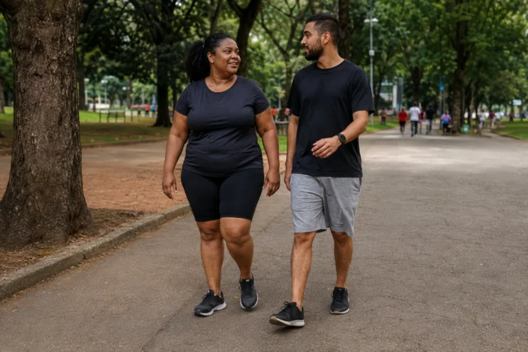 Duas pessoas adultas caminhando em ritmo confortável em um parque urbano.