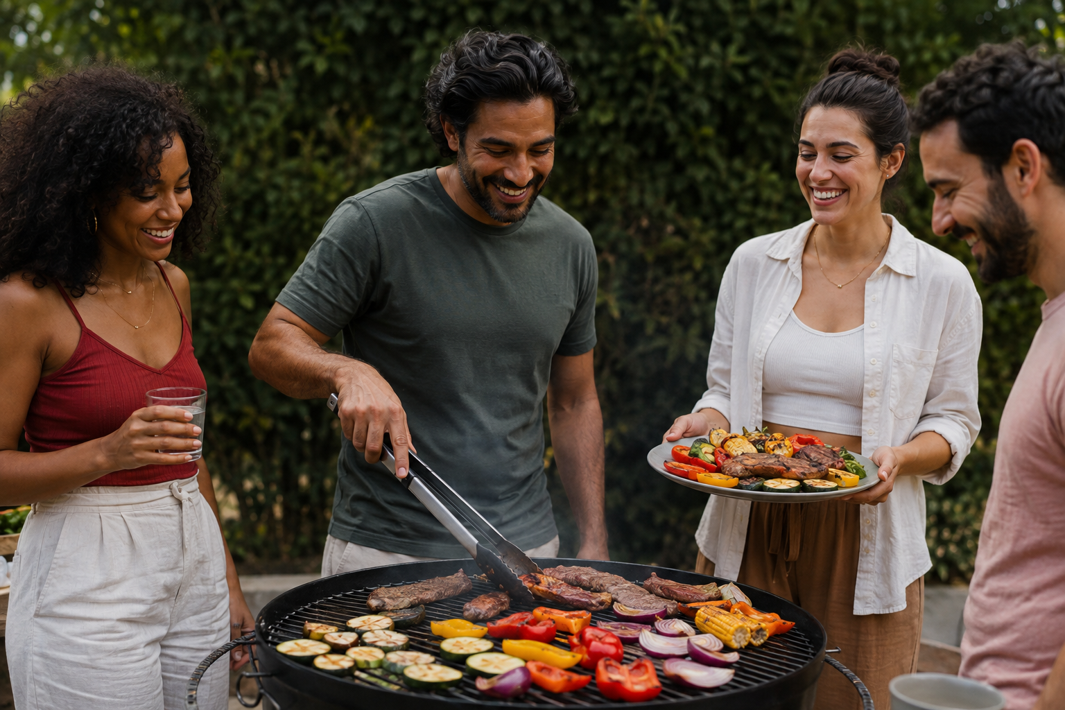 Amigos preparando churrasco com carnes e legumes ao ar livre