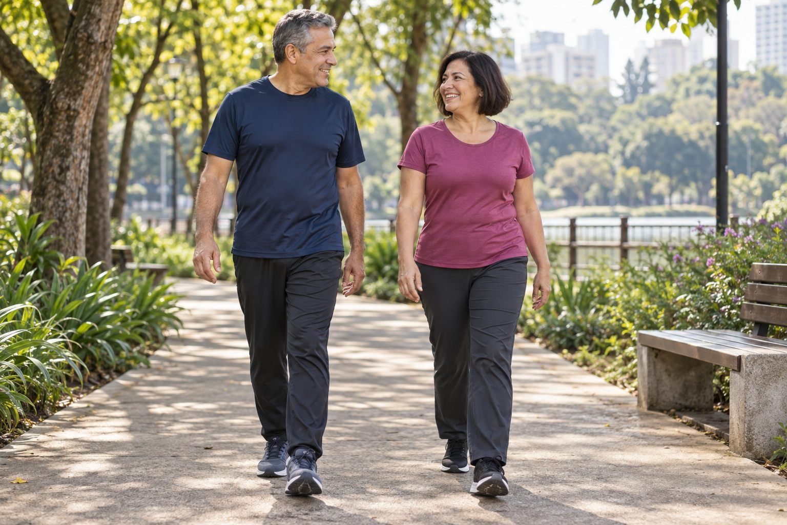 Casal de meia-idade caminhando e conversando em uma trilha pavimentada de um parque arborizado.