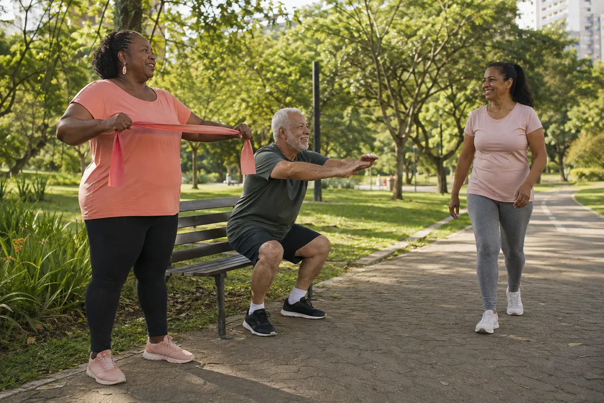 Adultos praticando exercícios leves ao ar livre