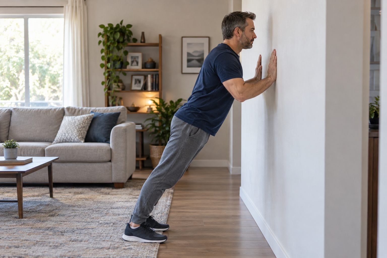 Homem praticando flexão na parede em casa.