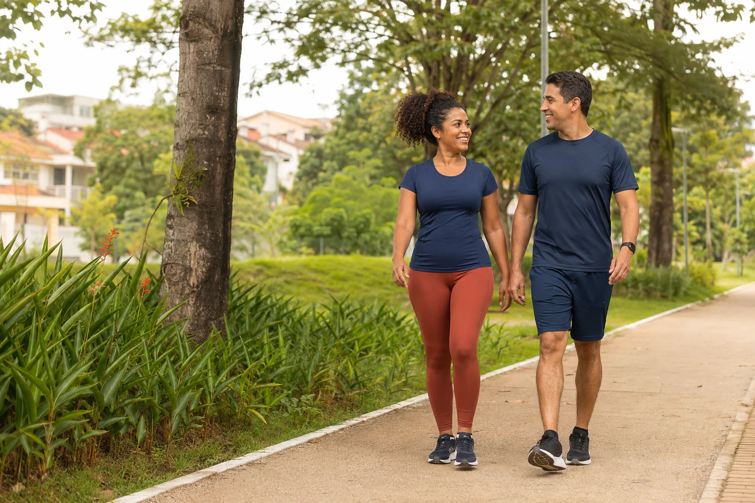 Casal caminhando em um parque arborizado durante a manhã