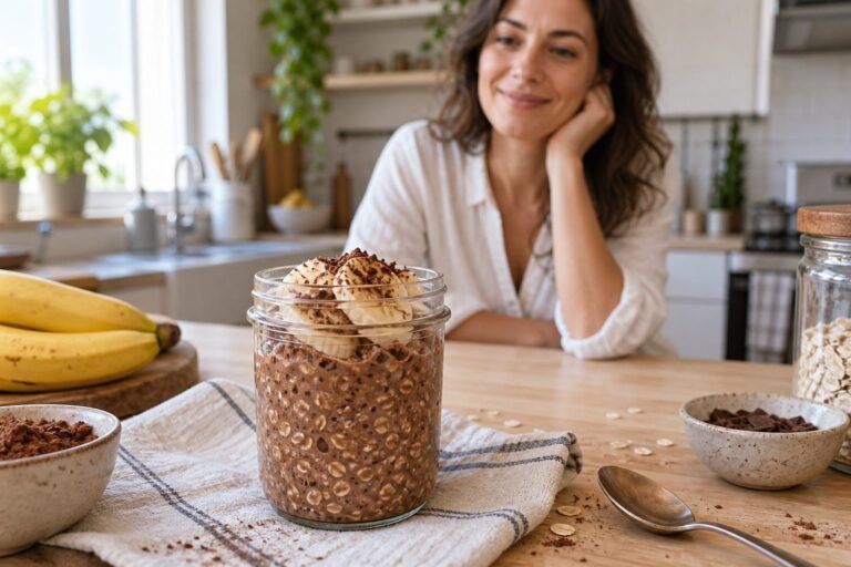 Pote de aveia com cacau e rodelas de banana sobre a bancada, com uma mulher sorrindo ao fundo.