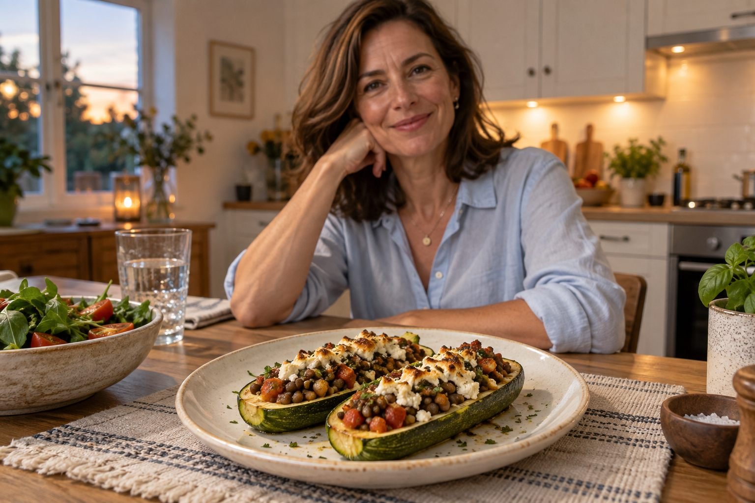 Duas metades de abobrinha assada com lentilha, tomate e ricota em um prato, com uma mulher sorrindo ao fundo.