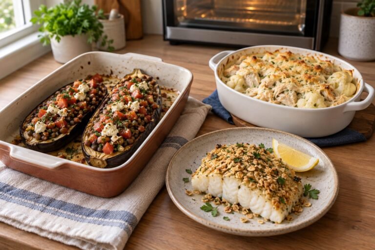 Berinjela recheada com lentilha e ricota, peixe com crosta de aveia e couve-flor gratinada com frango.
