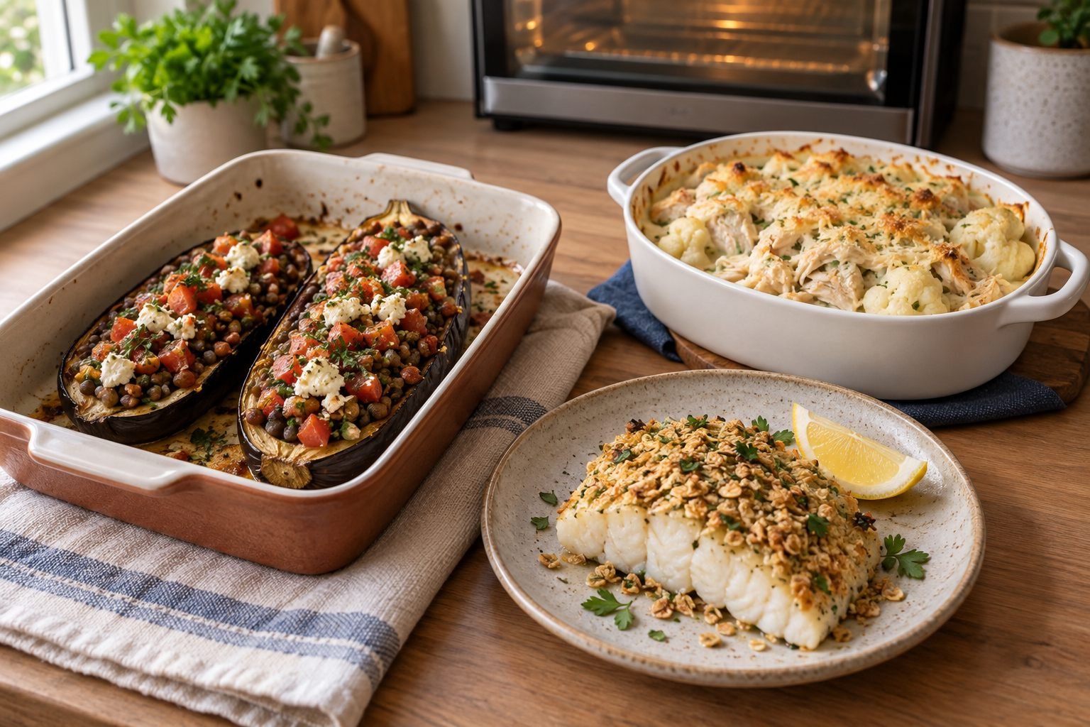Berinjela recheada com lentilha e ricota, peixe com crosta de aveia e couve-flor gratinada com frango.