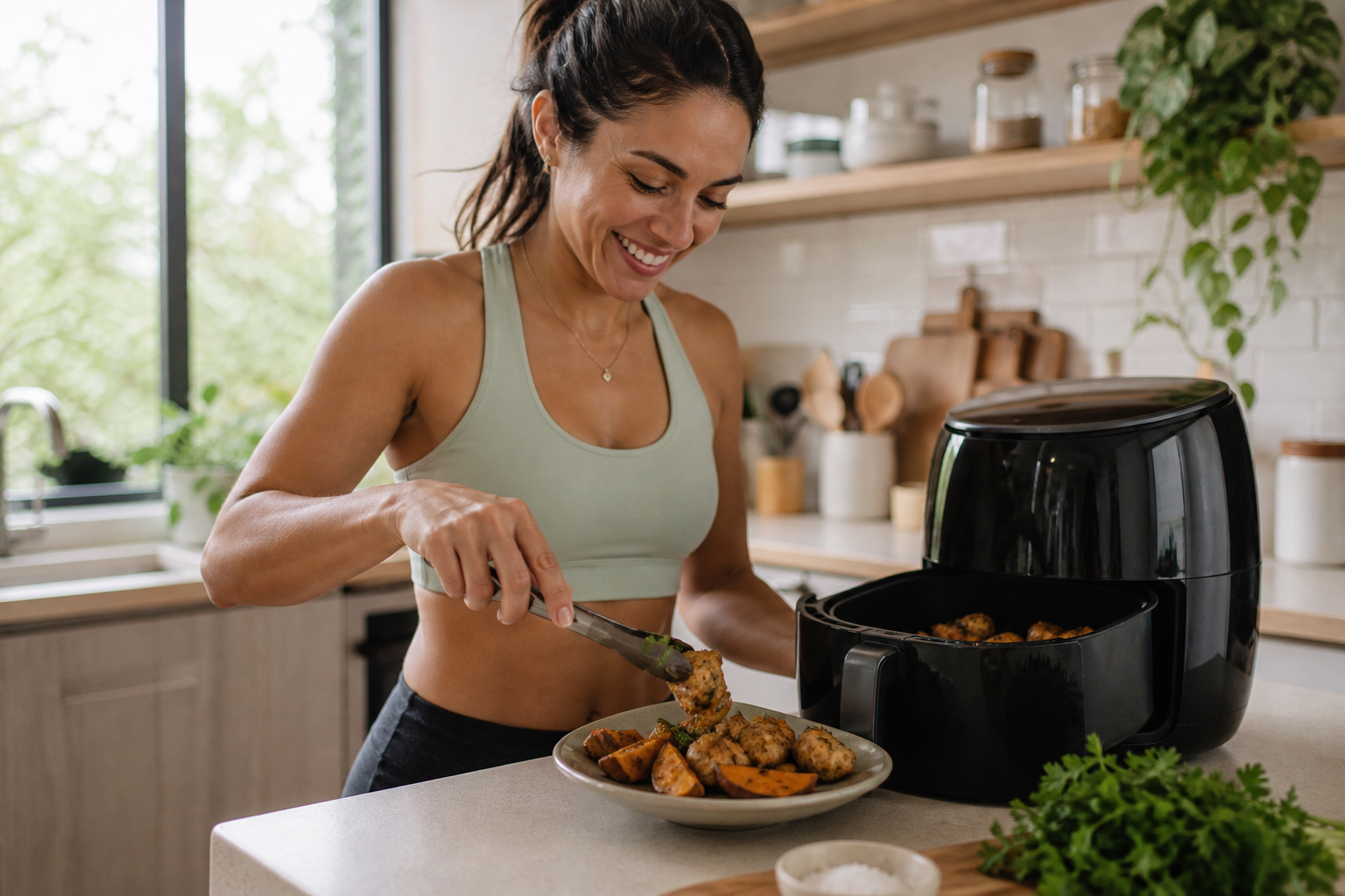 Mulher servindo frango e batata-doce preparados na air fryer