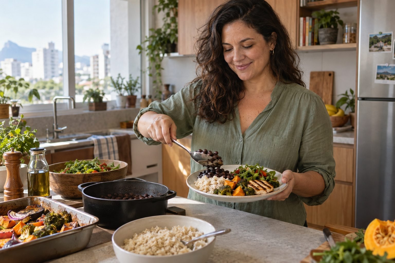 Mulher servindo arroz, feijão, legumes e frango em uma cozinha iluminada.