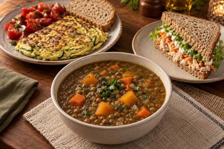 Sopa de lentilha, omelete de abobrinha e sanduíche integral de frango sobre uma mesa.