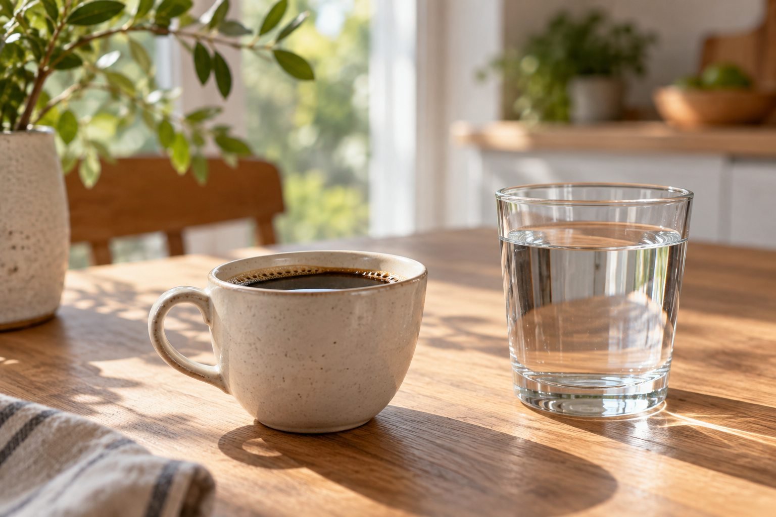 Xícara de café preto e copo de água sobre uma mesa de madeira iluminada
