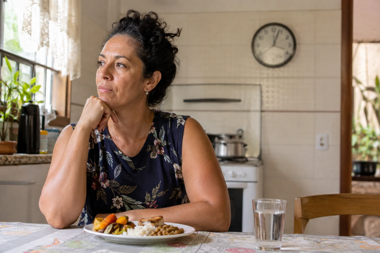 Mulher diante de uma refeição equilibrada em uma cozinha, com relógio ao fundo.