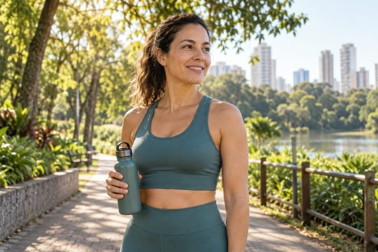 Mulher com roupa de exercício e garrafa de água durante uma pausa em um parque