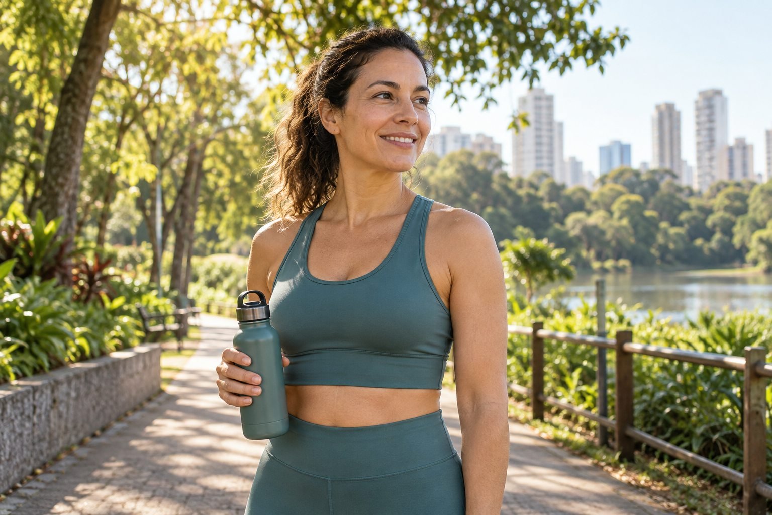 Mulher com roupa de exercício e garrafa de água durante uma pausa em um parque
