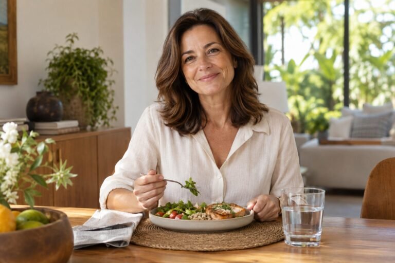 Mulher com sorriso tranquilo à mesa, em um ambiente iluminado com plantas