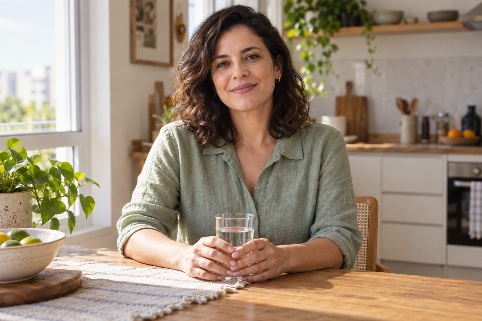 Mulher sorrindo serenamente à mesa com um copo de água em uma cozinha contemporânea