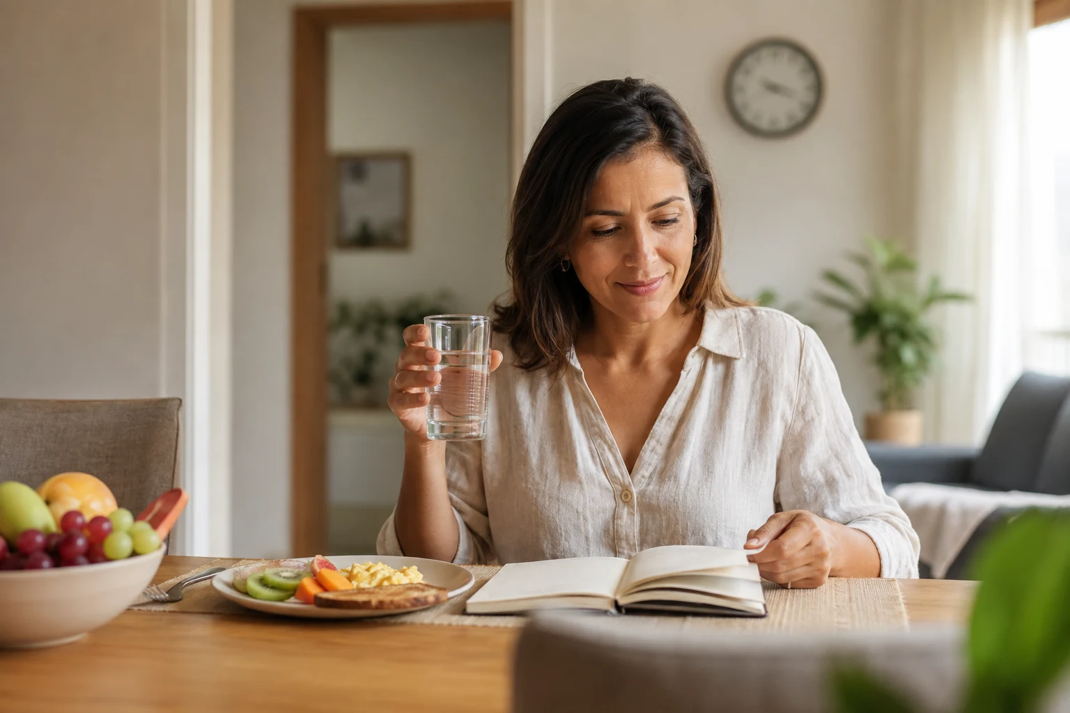 Mulher organizando a rotina alimentar à mesa em um apartamento confortável