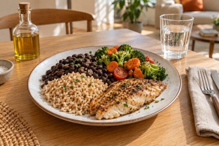 Prato com arroz, feijão, peixe grelhado e legumes em uma mesa iluminada