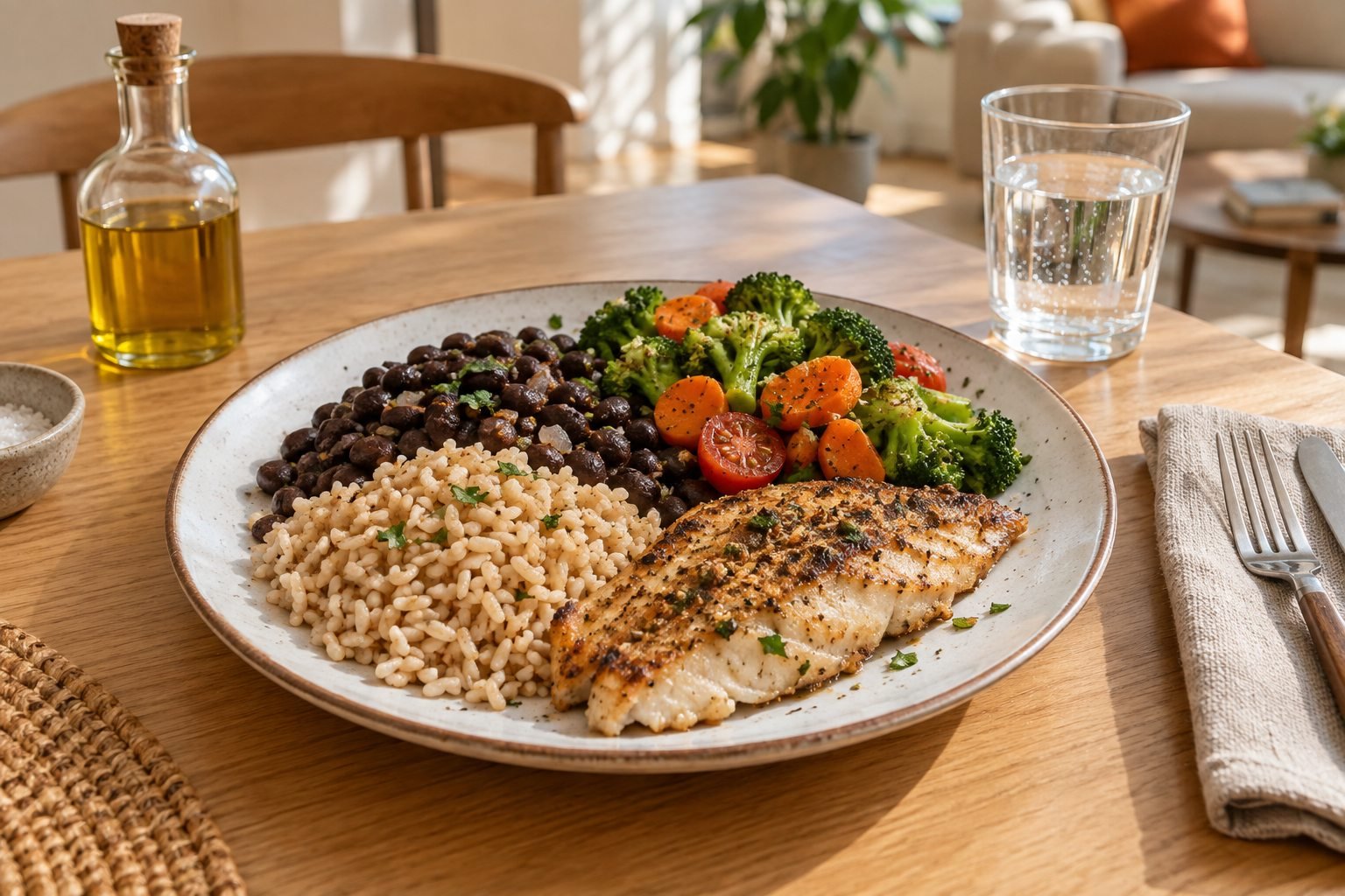 Prato com arroz, feijão, peixe grelhado e legumes em uma mesa iluminada
